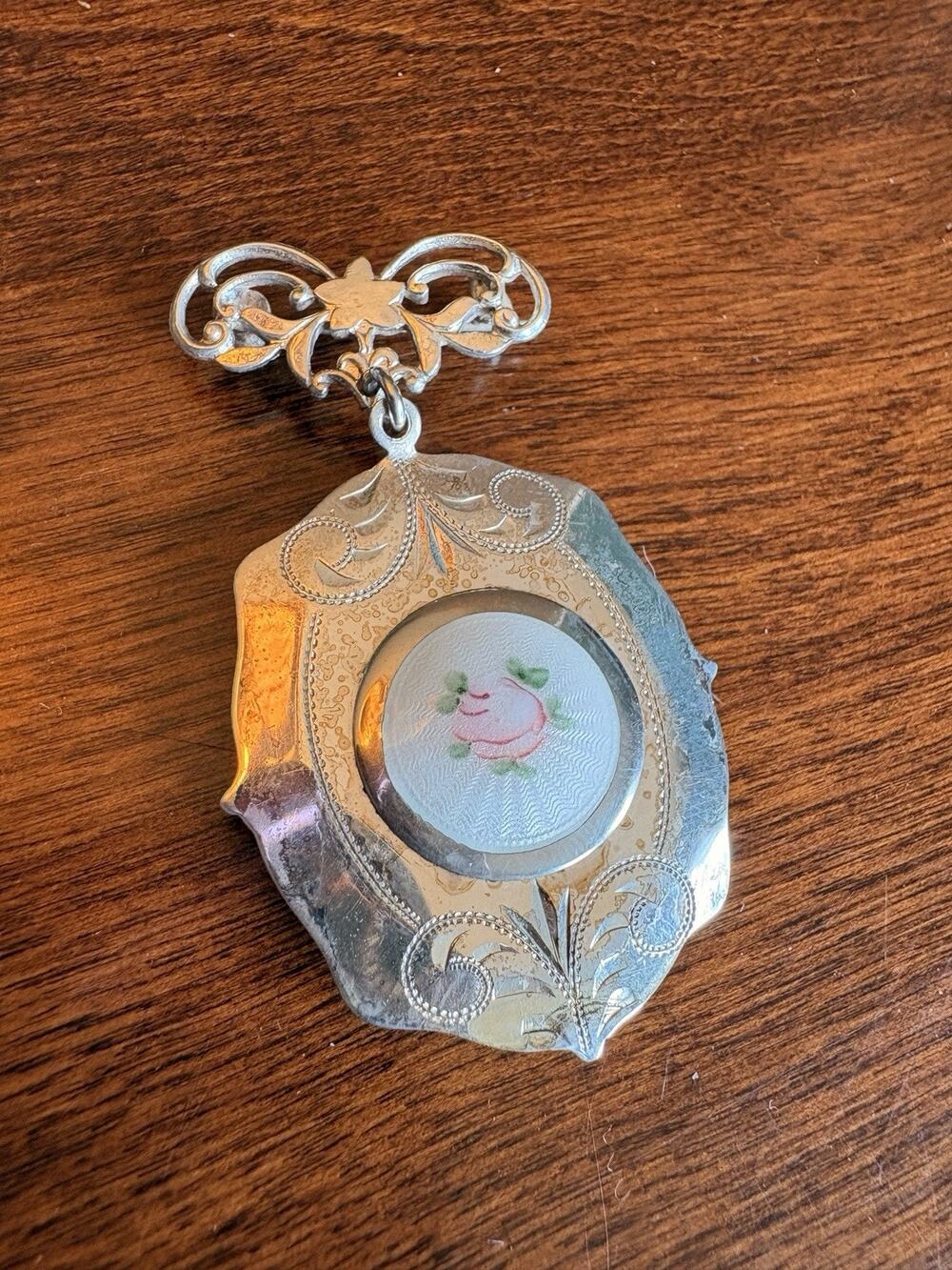 Antique Sterling Silver Photo Locket Brooch Hand Painted Rose Art Nouveau Pin